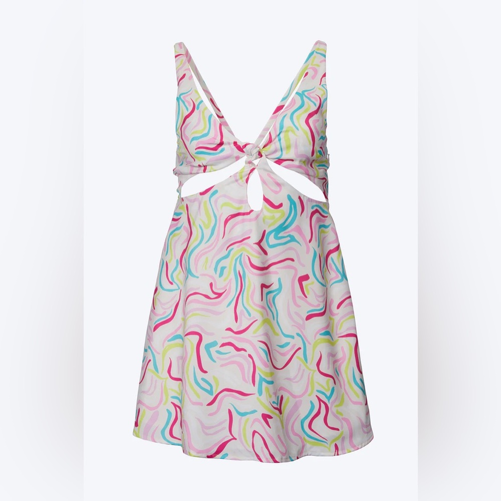 For Love & Lemons Palmer Retro-Print Cutout Mini Dress. White/ multi  Sz XS
